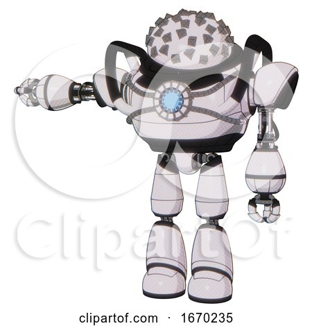 Robot Containing Metal Cubes Dome Head Design and Heavy Upper Chest and Chest Blue Energy Core and Light Leg Exoshielding. White Halftone Toon. Arm out Holding Invisible Object.. by Leo Blanchette