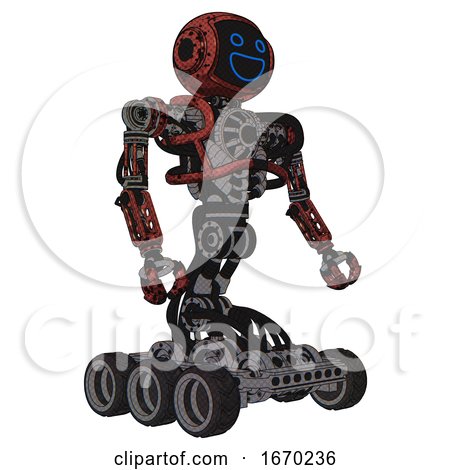 Droid Containing Digital Display Head and Wide Smile and Heavy Upper Chest and No Chest Plating and Six-wheeler Base. Grunge Matted Orange. Facing Left View. by Leo Blanchette