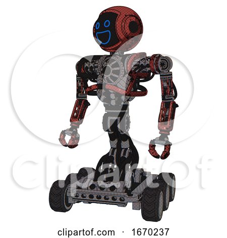 Droid Containing Digital Display Head and Wide Smile and Heavy Upper Chest and No Chest Plating and Six-wheeler Base. Grunge Matted Orange. Standing Looking Right Restful Pose. by Leo Blanchette