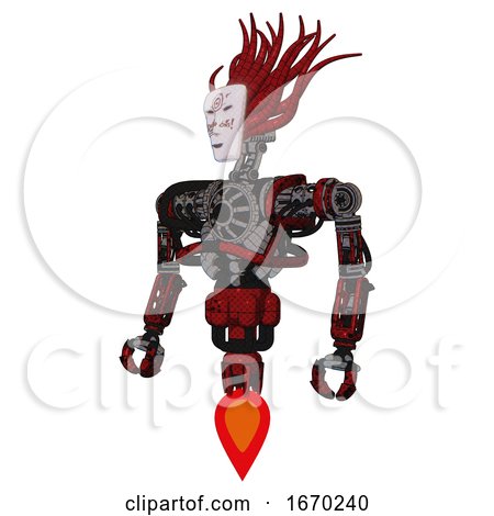 Robot Containing Humanoid Face Mask and Die Robots Graffiti Design and Heavy Upper Chest and No Chest Plating and Jet Propulsion. Grunge Dots Dark Red. Standing Looking Right Restful Pose. by Leo Blanchette