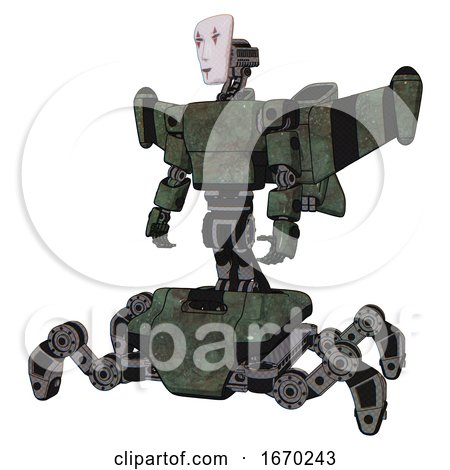 Automaton Containing Humanoid Face Mask and Red Clown Marks and Light Chest Exoshielding and Prototype Exoplate Chest and Stellar Jet Wing Rocket Pack and Insect Walker Legs. Old Corroded Copper. by Leo Blanchette