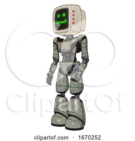 Robot Containing Old Computer Monitor and Happy Pixel Face and Red Buttons and Light Chest Exoshielding and Ultralight Chest Exosuit and Light Leg Exoshielding. Green Metal. Facing Right View. by Leo Blanchette