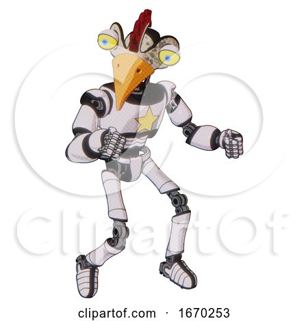 Robot Containing Bird Skull Head and Big Yellow Eyes and Chicken Design and Light Chest Exoshielding and Yellow Star and Ultralight Foot Exosuit. White Halftone Toon. Fight or Defense Pose.. by Leo Blanchette