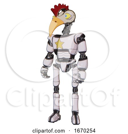 Robot Containing Bird Skull Head and Big Yellow Eyes and Chicken Design and Light Chest Exoshielding and Yellow Star and Ultralight Foot Exosuit. White Halftone Toon. by Leo Blanchette