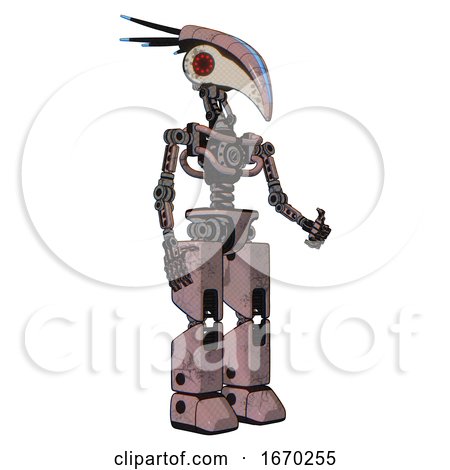 Robot Containing Bird Skull Head and Red Led Circle Eyes and Head Shield Design and Light Chest Exoshielding and No Chest Plating and Prototype Exoplate Legs. Powder Pink Metal. Facing Left View. by Leo Blanchette
