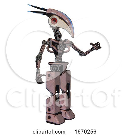 Robot Containing Bird Skull Head and Red Led Circle Eyes and Head Shield Design and Light Chest Exoshielding and No Chest Plating and Prototype Exoplate Legs. Powder Pink Metal. Interacting. by Leo Blanchette
