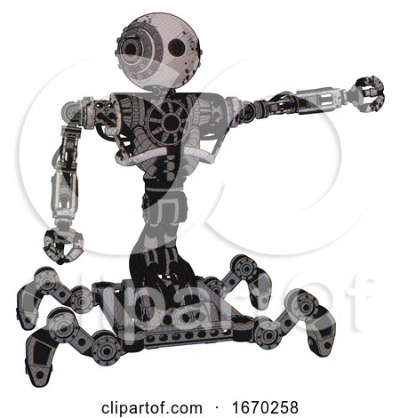 Automaton Containing Oval Wide Head and Steampunk Iron Bands with Bolts and Heavy Upper Chest and No Chest Plating and Insect Walker Legs. Grunge Sketch Dots. Pointing Left or Pushing a Button.. by Leo Blanchette