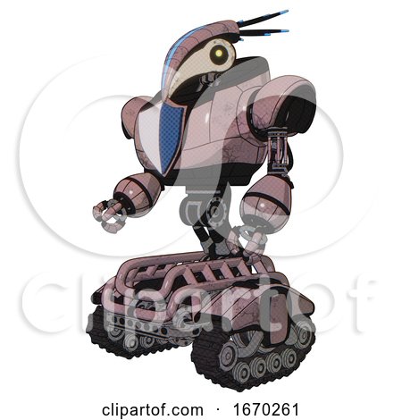 Mech Containing Bird Skull Head and Yellow Led Protruding Eyes and Head Shield Design and Heavy Upper Chest and Blue Shield Defense Design and Tank Tracks. Grayish Pink. Facing Right View. by Leo Blanchette