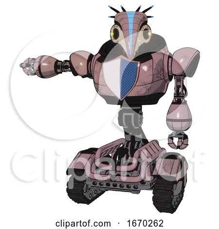 Mech Containing Bird Skull Head and Yellow Led Protruding Eyes and Head Shield Design and Heavy Upper Chest and Blue Shield Defense Design and Tank Tracks. Grayish Pink. by Leo Blanchette