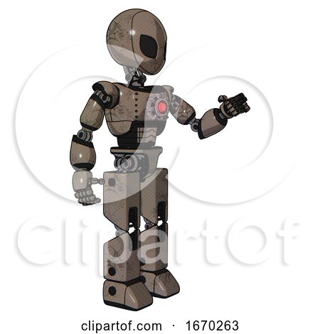 Robot Containing Grey Alien Style Head and Black Eyes and Light Chest Exoshielding and Red Energy Core and Prototype Exoplate Legs. Patent Khaki Metal. Interacting. by Leo Blanchette