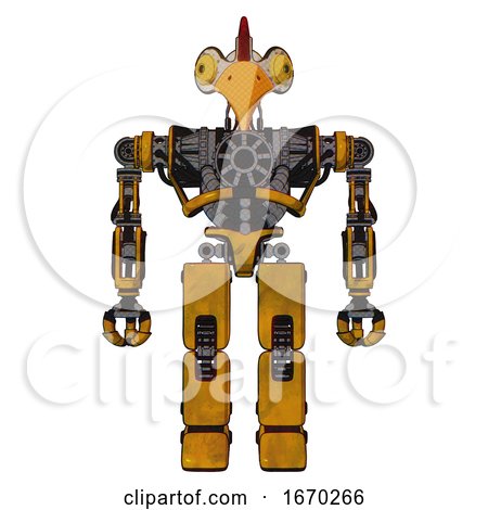 Cyborg Containing Bird Skull Head and Brass Steampunk Eyes and Chicken Design and Heavy Upper Chest and No Chest Plating and Prototype Exoplate Legs. Worn Construction Yellow. Front View. by Leo Blanchette