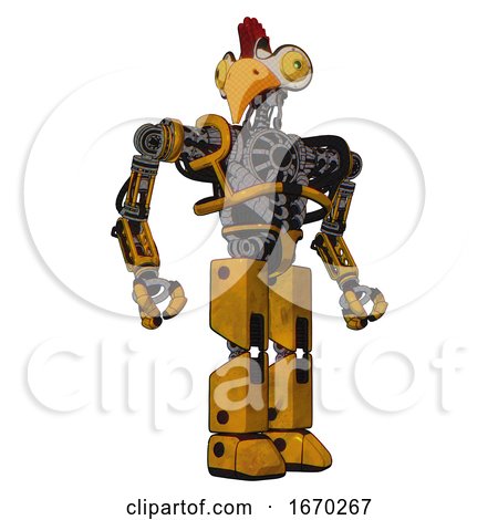 Cyborg Containing Bird Skull Head and Brass Steampunk Eyes and Chicken Design and Heavy Upper Chest and No Chest Plating and Prototype Exoplate Legs. Worn Construction Yellow. Hero Pose. by Leo Blanchette