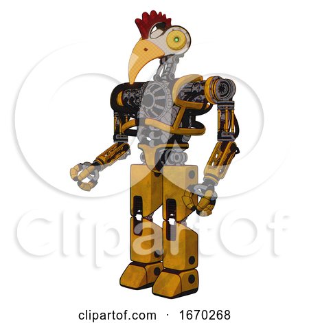 Cyborg Containing Bird Skull Head and Brass Steampunk Eyes and Chicken Design and Heavy Upper Chest and No Chest Plating and Prototype Exoplate Legs. Worn Construction Yellow. Facing Right View. by Leo Blanchette