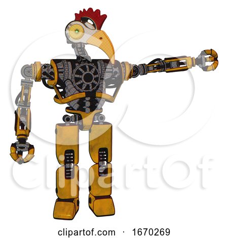 Cyborg Containing Bird Skull Head and Brass Steampunk Eyes and Chicken Design and Heavy Upper Chest and No Chest Plating and Prototype Exoplate Legs. Worn Construction Yellow. by Leo Blanchette
