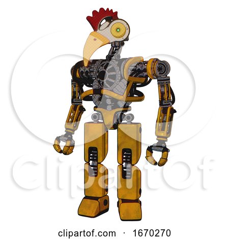 Cyborg Containing Bird Skull Head and Brass Steampunk Eyes and Chicken Design and Heavy Upper Chest and No Chest Plating and Prototype Exoplate Legs. Worn Construction Yellow. by Leo Blanchette