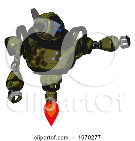 Bot Containing Digital Display Head and Angry Face and Winglets and Heavy Upper Chest and Triangle of Blue Leds and Jet Propulsion. Grunge Army Green. Pointing Left or Pushing a Button.. by Leo Blanchette