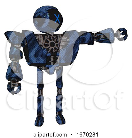 Robot Containing Digital Display Head and X Face and Heavy Upper Chest and Heavy Mech Chest and Ultralight Foot Exosuit. Grunge Dark Blue. Pointing Left or Pushing a Button.. by Leo Blanchette