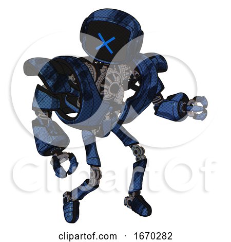 Robot Containing Digital Display Head and X Face and Heavy Upper Chest and Heavy Mech Chest and Ultralight Foot Exosuit. Grunge Dark Blue. Fight or Defense Pose.. by Leo Blanchette