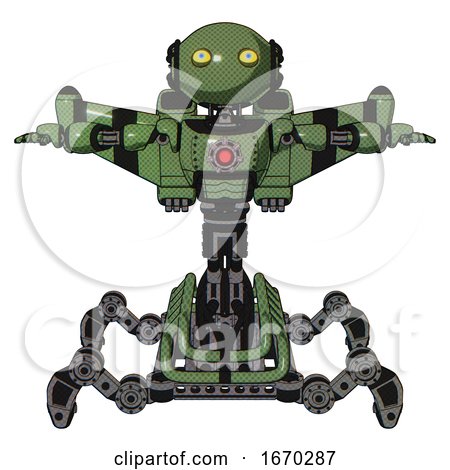 Robot Containing Oval Wide Head and Yellow Eyes and Light Chest Exoshielding and Red Energy Core and Stellar Jet Wing Rocket Pack and Insect Walker Legs. Grass Green. T-pose. by Leo Blanchette