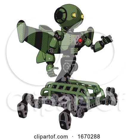 Robot Containing Oval Wide Head and Yellow Eyes and Light Chest Exoshielding and Red Energy Core and Stellar Jet Wing Rocket Pack and Insect Walker Legs. Grass Green. Interacting. by Leo Blanchette