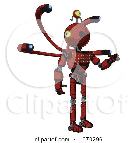 Bot Containing Oval Wide Head and Minibot Ornament and Light Chest Exoshielding and Chest Green Blue Lights Array and Blue-eye Cam Cable Tentacles and Ultralight Foot Exosuit. Cherry Tomato Red. by Leo Blanchette