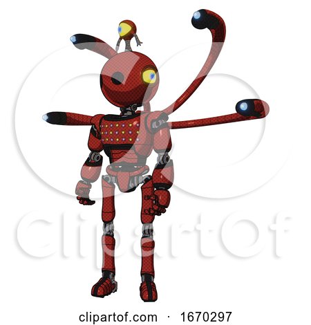 Bot Containing Oval Wide Head and Minibot Ornament and Light Chest Exoshielding and Chest Green Blue Lights Array and Blue-eye Cam Cable Tentacles and Ultralight Foot Exosuit. Cherry Tomato Red. by Leo Blanchette
