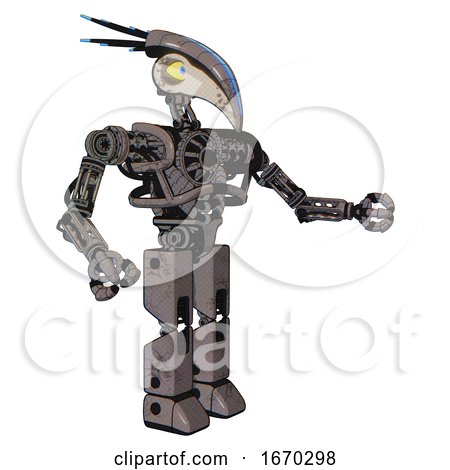 Android Containing Bird Skull Head and Big Yellow Eyes and Head Shield Design and Heavy Upper Chest and No Chest Plating and Prototype Exoplate Legs. Light Pink Beige. Interacting. by Leo Blanchette