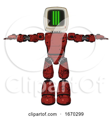 Android Containing Old Computer Monitor and Three Lines Pixel Design and Light Chest Exoshielding and Prototype Exoplate Chest and Light Leg Exoshielding. Grunge Dots Cherry Tomato Red. T-pose. by Leo Blanchette