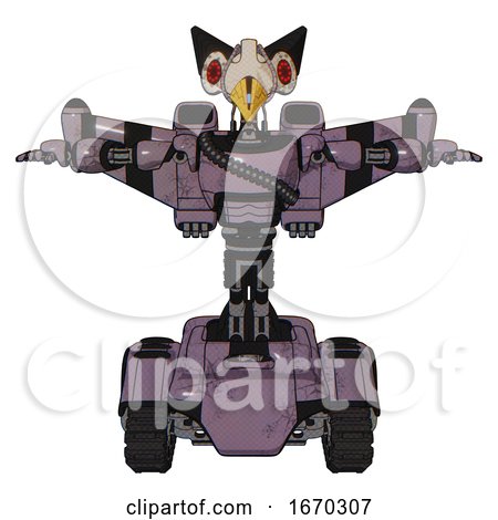 Robot Containing Bird Skull Head and Red Led Circle Eyes and Robobeak Design and Light Chest Exoshielding and Rubber Chain Sash and Stellar Jet Wing Rocket Pack and Tank Tracks. Lilac Metal. T-pose. by Leo Blanchette