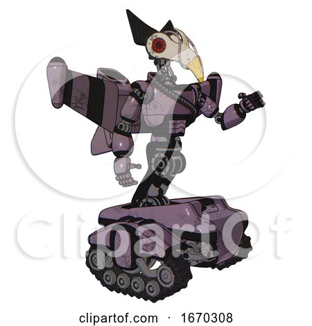 Robot Containing Bird Skull Head and Red Led Circle Eyes and Robobeak Design and Light Chest Exoshielding and Rubber Chain Sash and Stellar Jet Wing Rocket Pack and Tank Tracks. Lilac Metal. by Leo Blanchette