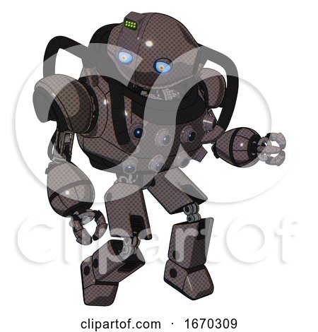 Robot Containing Oval Wide Head and Blue Eyes and Green Led Ornament and Heavy Upper Chest and Chest Energy Sockets and Prototype Exoplate Legs. Light Brown. Fight or Defense Pose.. by Leo Blanchette