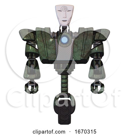 Droid Containing Humanoid Face Mask and Spiral Design and Heavy Upper Chest and Heavy Mech Chest and Blue Energy Fission Element Chest and Unicycle Wheel. Old Corroded Copper. Front View. by Leo Blanchette