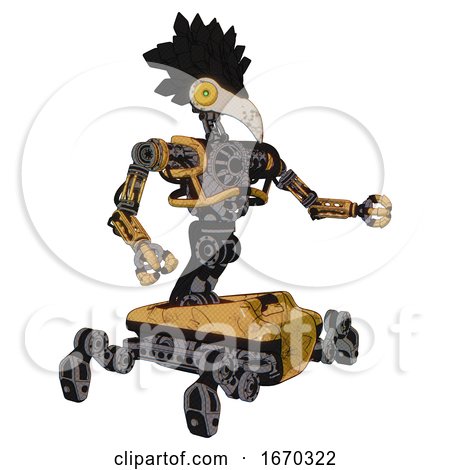 Mech Containing Bird Skull Head and Brass Steampunk Eyes and Crow Feather Design and Heavy Upper Chest and No Chest Plating and Insect Walker Legs. Construction Yellow Halftone. Interacting. by Leo Blanchette