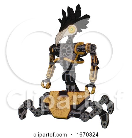 Mech Containing Bird Skull Head and Brass Steampunk Eyes and Crow Feather Design and Heavy Upper Chest and No Chest Plating and Insect Walker Legs. Construction Yellow Halftone. by Leo Blanchette