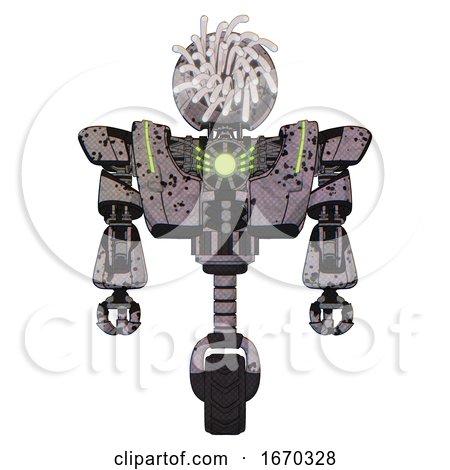 Mech Containing Round Fiber Optic Connectors Head and Heavy Upper Chest and Heavy Mech Chest and Green Energy Core and Unicycle Wheel. Dark Ink Dots Sketch. Front View. by Leo Blanchette