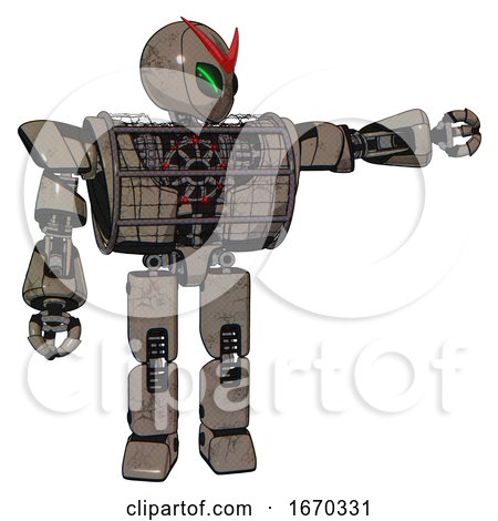 Droid Containing Grey Alien Style Head and Green Demon Eyes and Heavy Upper Chest and Heavy Mech Chest and Barbed Wire Chest Armor Cage and Prototype Exoplate Legs. Patent Khaki Metal. by Leo Blanchette