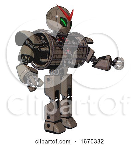 Droid Containing Grey Alien Style Head and Green Demon Eyes and Heavy Upper Chest and Heavy Mech Chest and Barbed Wire Chest Armor Cage and Prototype Exoplate Legs. Patent Khaki Metal. Interacting. by Leo Blanchette