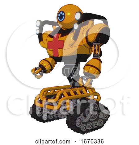 Android Containing Dual Retro Camera Head and Happy 3 Eyes Round Head and Heavy Upper Chest and First Aid Chest Symbol and Shoulder Headlights and Tank Tracks. Primary Yellow Halftone. by Leo Blanchette