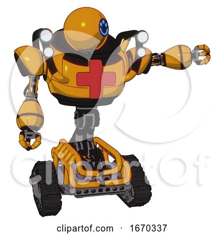 Android Containing Dual Retro Camera Head and Happy 3 Eyes Round Head and Heavy Upper Chest and First Aid Chest Symbol and Shoulder Headlights and Tank Tracks. Primary Yellow Halftone. by Leo Blanchette