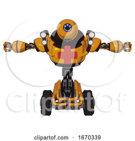 Android Containing Dual Retro Camera Head and Happy 3 Eyes Round Head and Heavy Upper Chest and First Aid Chest Symbol and Shoulder Headlights and Tank Tracks. Primary Yellow Halftone. T-pose. by Leo Blanchette