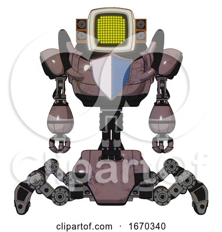 Android Containing Old Computer Monitor and Yellow Circle Array Display and Old Retro Speakers and Heavy Upper Chest and Blue Shield Defense Design and Insect Walker Legs. Dusty Rose Red Metal. by Leo Blanchette