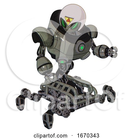 Robot Containing Grey Alien Style Head and Green Demon Eyes and Triangle Design and Helmet and Heavy Upper Chest and Chest Green Energy Cores and Insect Walker Legs. Concrete Grey Metal. by Leo Blanchette