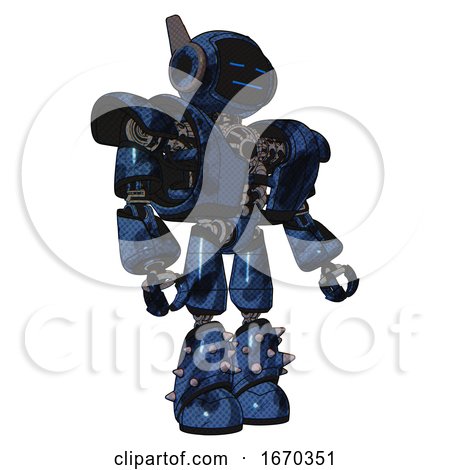Mech Containing Digital Display Head and Sleeping Face and Winglets and Heavy Upper Chest and Heavy Mech Chest and Light Leg Exoshielding and Spike Foot Mod. Grunge Dark Blue. Facing Left View. by Leo Blanchette