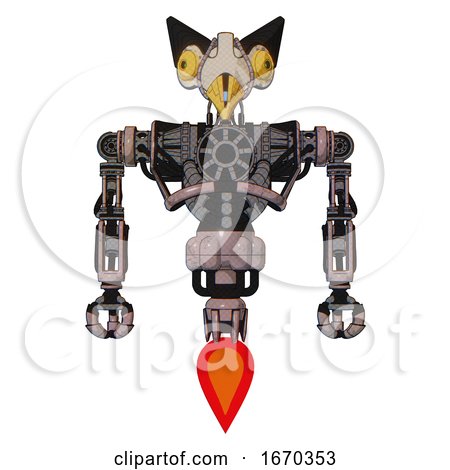Robot Containing Bird Skull Head and Brass Steampunk Eyes and Robobeak Design and Heavy Upper Chest and No Chest Plating and Jet Propulsion. Powder Pink Metal. Front View. by Leo Blanchette