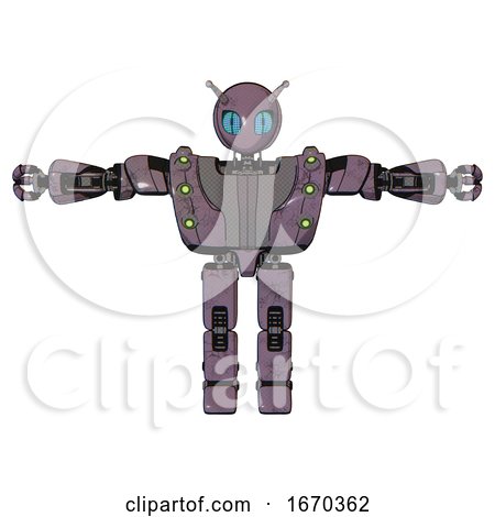 Bot Containing Grey Alien Style Head and Blue Grate Eyes and Bug Antennas and Heavy Upper Chest and Heavy Mech Chest and Green Cable Sockets Array and Prototype Exoplate Legs. Lilac Metal. T-pose. by Leo Blanchette
