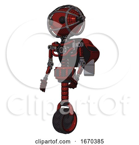 Droid Containing Oval Wide Head and Beady Black Eyes and Barbed Wire Cage Helmet and Light Chest Exoshielding and Rocket Pack and No Chest Plating and Unicycle Wheel. Matted Red. Facing Right View. by Leo Blanchette
