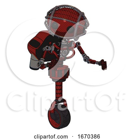 Droid Containing Oval Wide Head and Beady Black Eyes and Barbed Wire Cage Helmet and Light Chest Exoshielding and Rocket Pack and No Chest Plating and Unicycle Wheel. Matted Red. by Leo Blanchette
