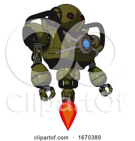 Android Containing Oval Wide Head and Small Red Led Eyes and Heavy Upper Chest and Chest Blue Energy Core and Jet Propulsion. Army Green Halftone. Facing Left View. by Leo Blanchette