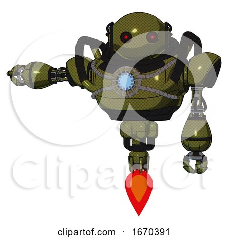 Android Containing Oval Wide Head and Small Red Led Eyes and Heavy Upper Chest and Chest Blue Energy Core and Jet Propulsion. Army Green Halftone. Arm out Holding Invisible Object.. by Leo Blanchette