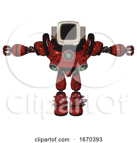 Android Containing Old Computer Monitor and Old Retro Speakers and Heavy Upper Chest and Chest Green Energy Cores and Light Leg Exoshielding and Spike Foot Mod. Grunge Dots Cherry Tomato Red. T-pose. by Leo Blanchette